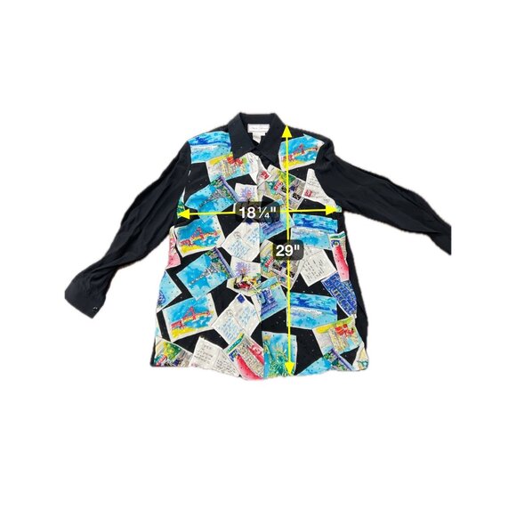 Vintage Diane Gilman Silk Button Up Top Postcard Print Black Sleeves Size Medium - Picture 6 of 9